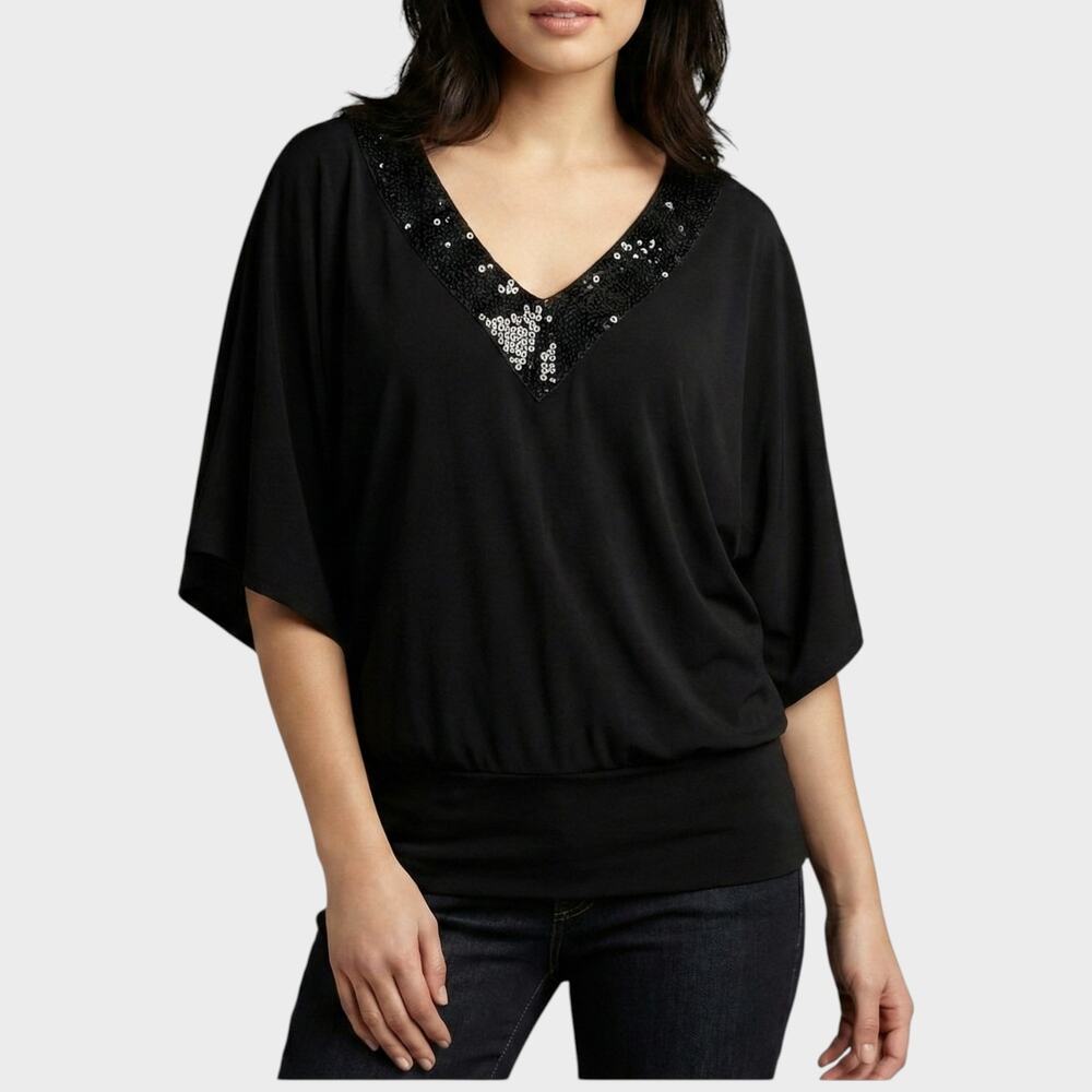 Fleurish Large Black V Neck Sequin Embellished Polyester Shirt NEW NWT